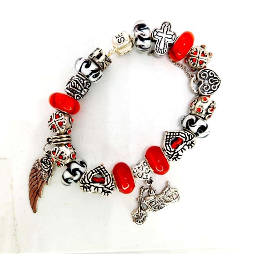 Serjaden 925 Harley Davidson Motorcycle Inspired Charm Bracelet Silver Orange 8"
